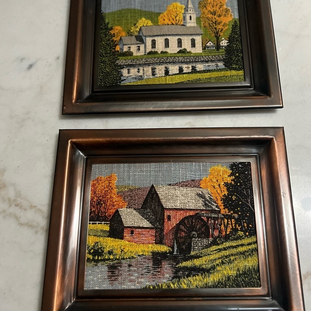 Vintage MCM Copper Craft  Linen Tapestry Autumn Mill Church Prints Copper Frame
